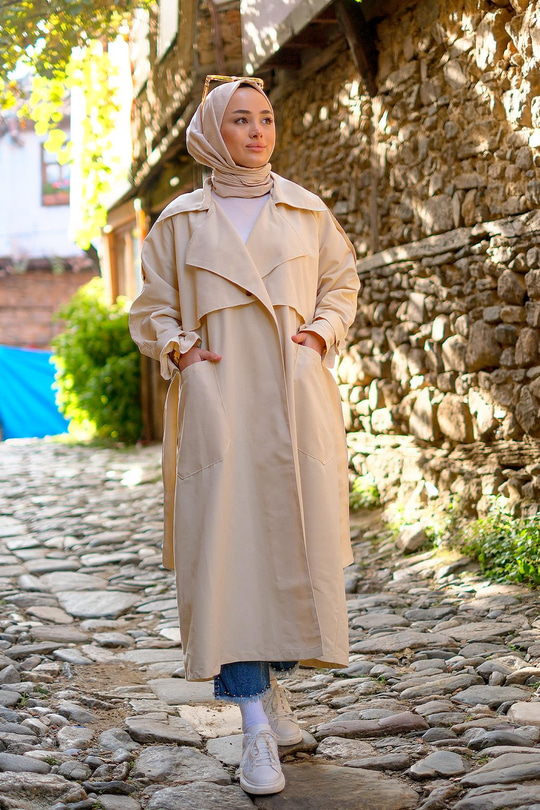 Kruvaze Yaka İspanyol Kol Trençkot Krem