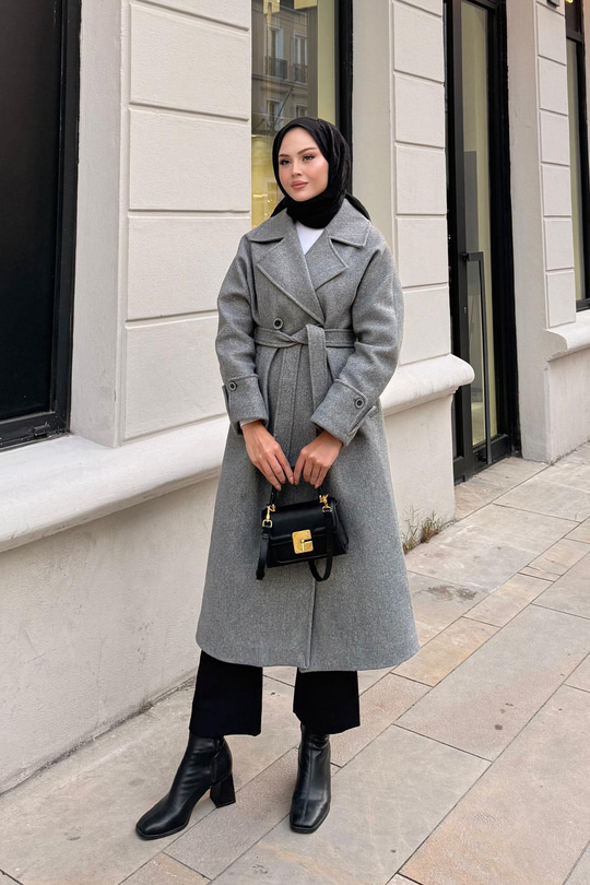 Kruvaze Yaka Kaşe Kaban Gri