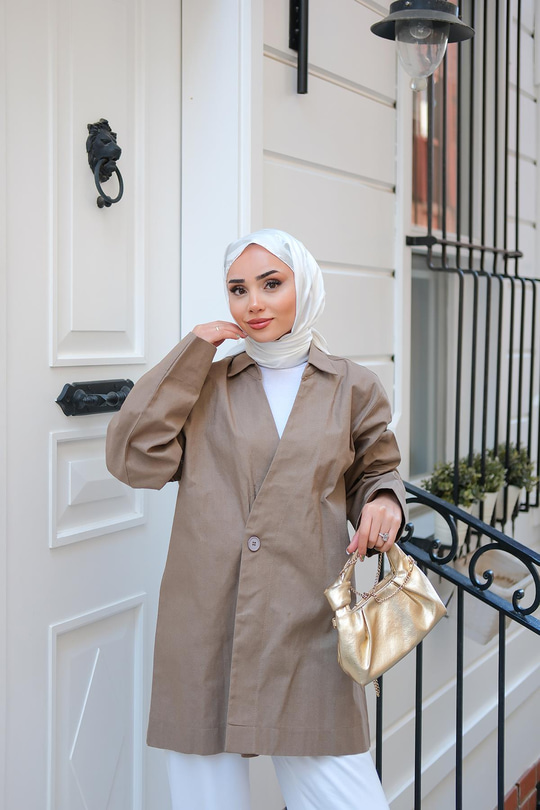 Kruvaze Yaka Keten Ceket  Vizon