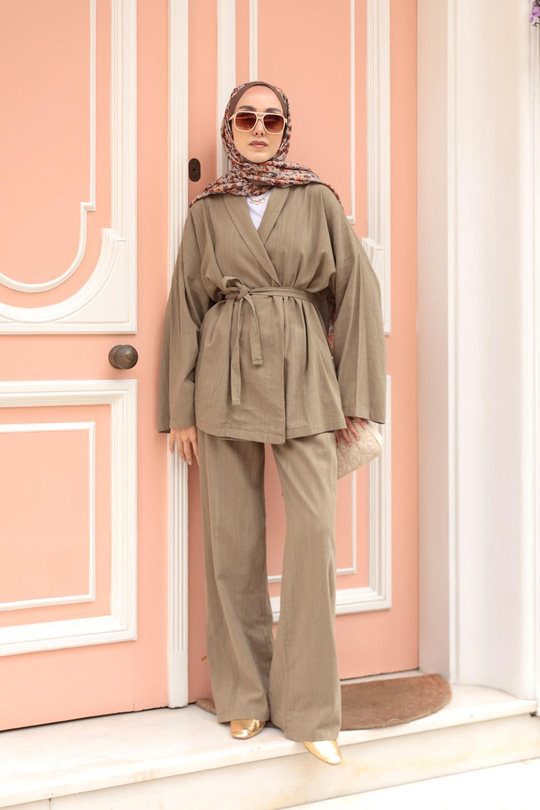 Kruvaze Yaka Keten Takım Haki Yeşil