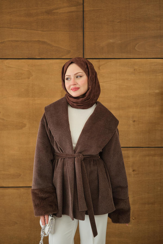 Kruvaze Yaka Kısa Ceket Kahverengi