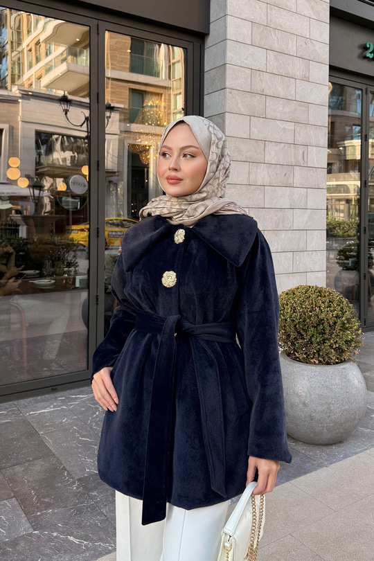 Kruvaze Yaka Peluş Ceket Lacivert