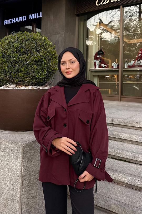 Kruvaze Yaka Trenç Bordo