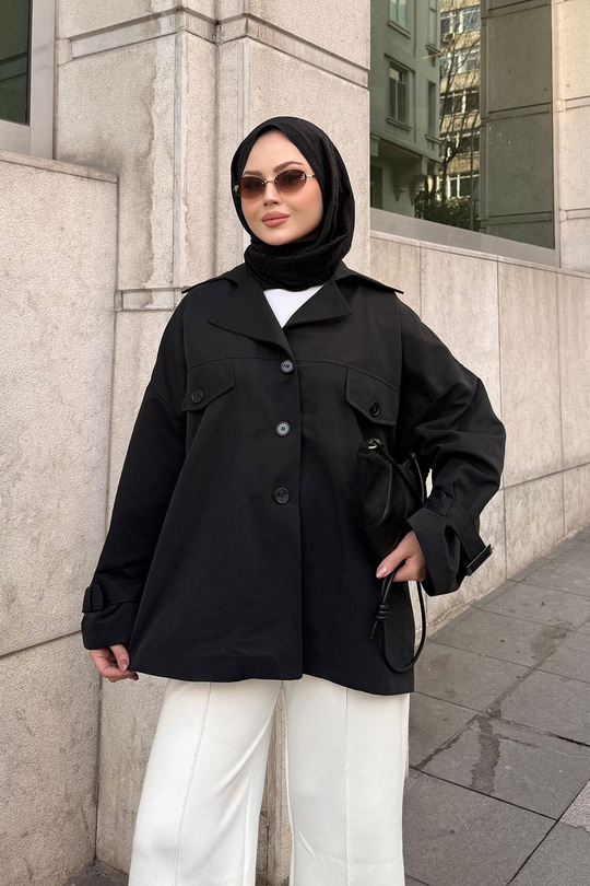 Kruvaze Yaka Trenç Siyah