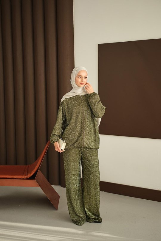 Küçük Boncuk Detaylı İkili Takım Yeşil
