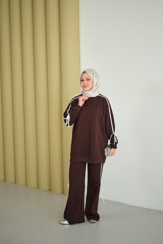 Kurdele Detay İkili Takım Kahverengi