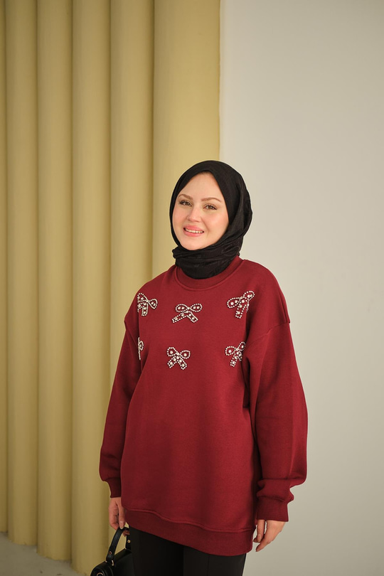 Kurdelesi Taş Detay Sweat Bordo
