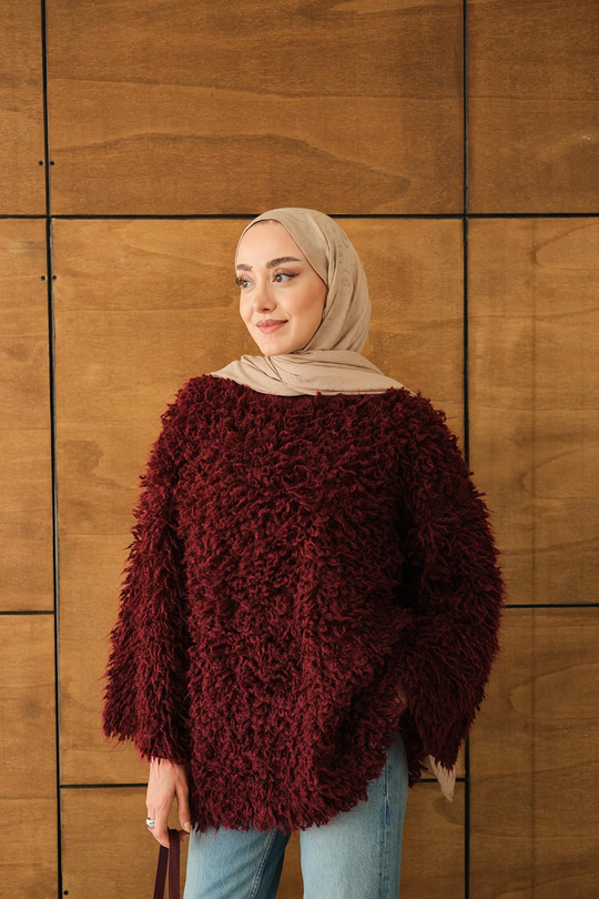 Kürk Detay Kazak Bordo