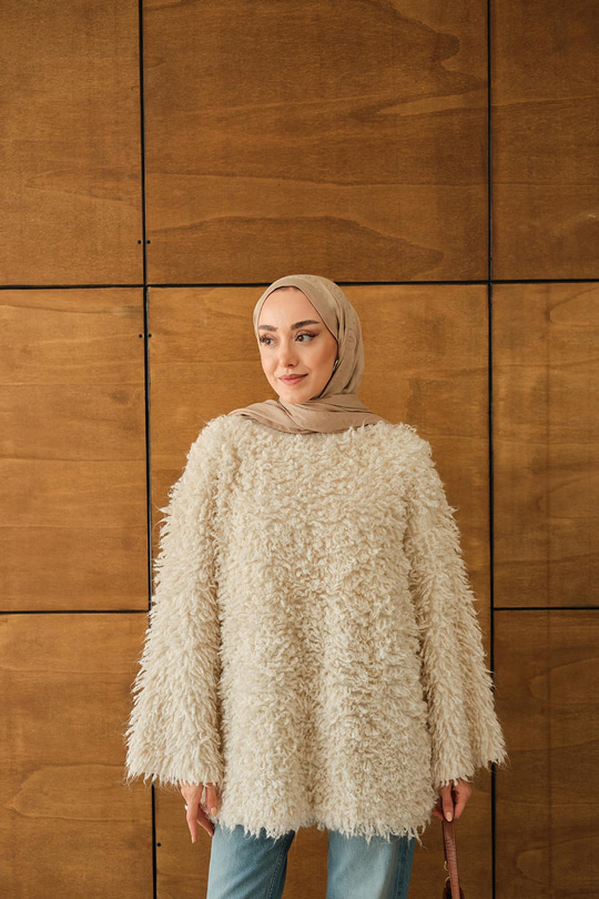 Kürk Detay Kazak Krem