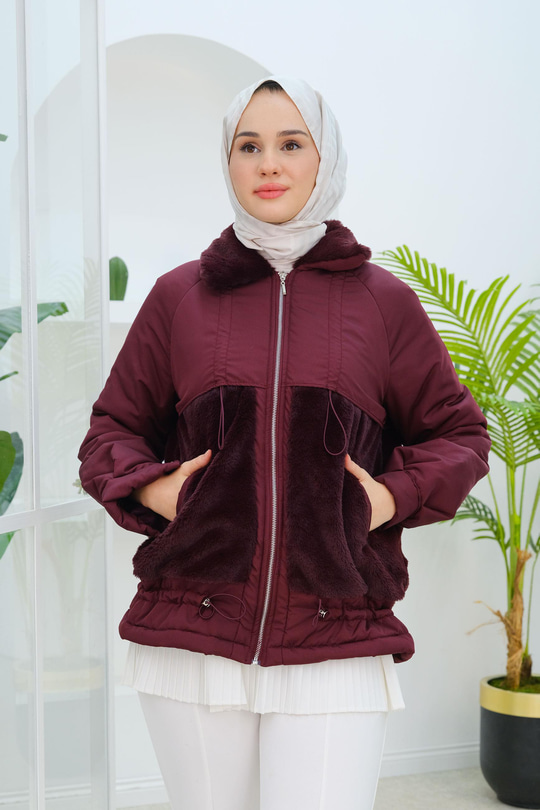 Kürk Detaylı Mont Bordo