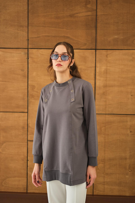 Kuş Gözü Detaylı Tunik Füme