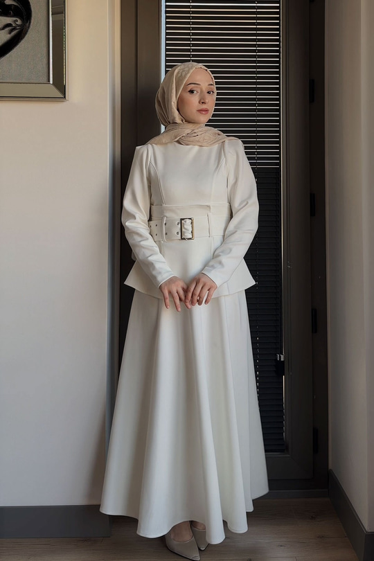 Kuş Gözü Kemerli Scuba Elbise Beyaz