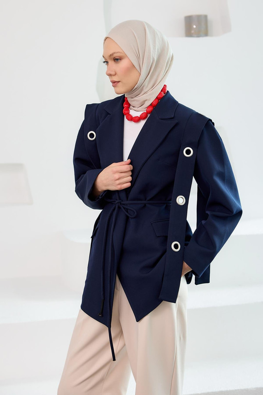 Kuş Gözü Kruvaze Yaka Blazer Ceket  Lacivert