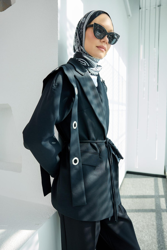 Kuş Gözü Kruvaze Yaka Blazer Ceket  Siyah