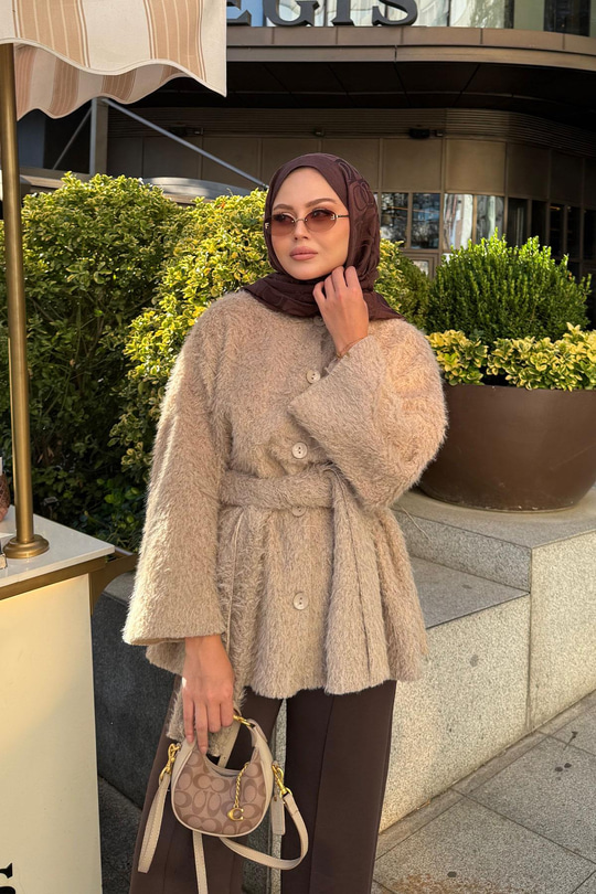 Kuşak Detaylı Hırka Vizon