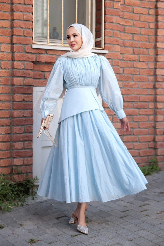 Kuşaklı Kraş Elbise Bebe Mavi