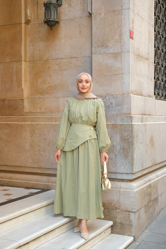 Kuşaklı Kraş Elbise Küf Yeşil