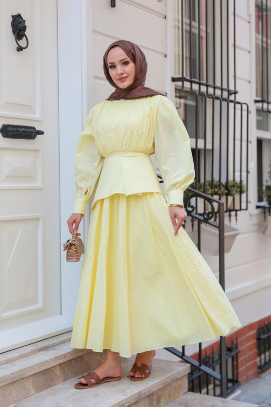 Kuşaklı Kraş Elbise Sarı