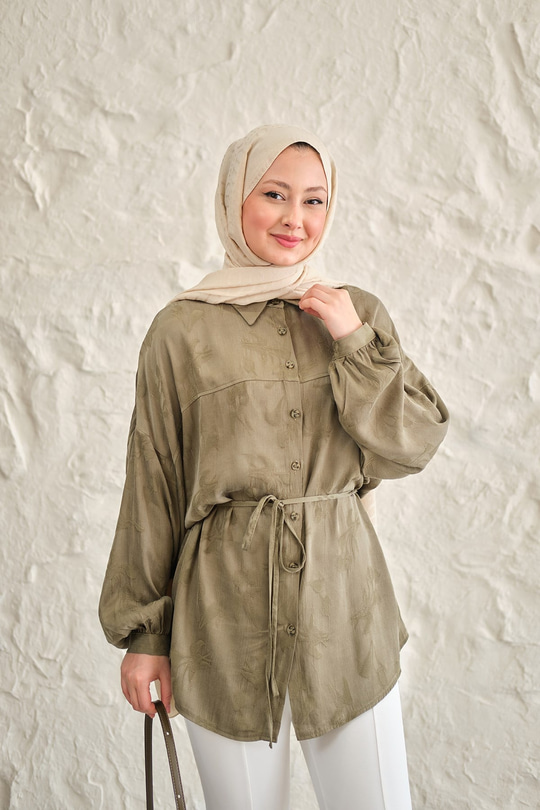 Lale Desen Saten Bel Bağlamalı Gömlek Haki Yeşil