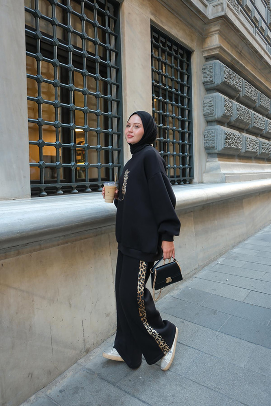 Leopar Desenli İkili Takım Siyah