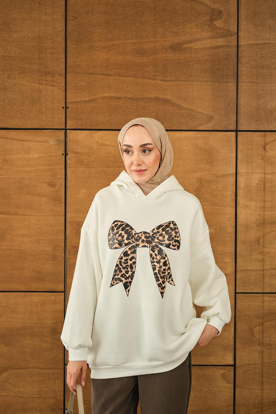 Leopar Kurdele Detaylı Sweat Ekru