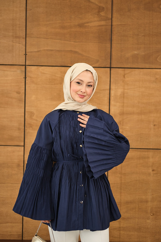 Martha Düğmeli Belden Bağlamalı Gömlek Lacivert