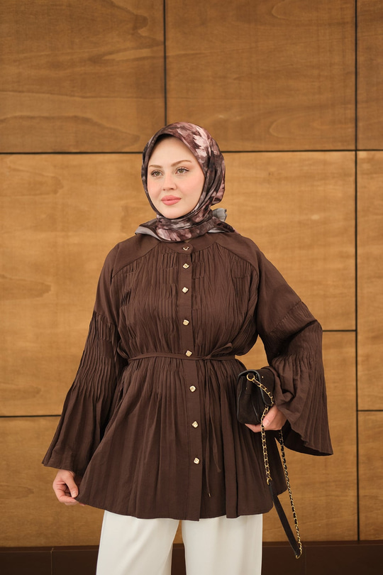 Martha Düğmeli Belden Bağlamalı Gömlek Kahverengi