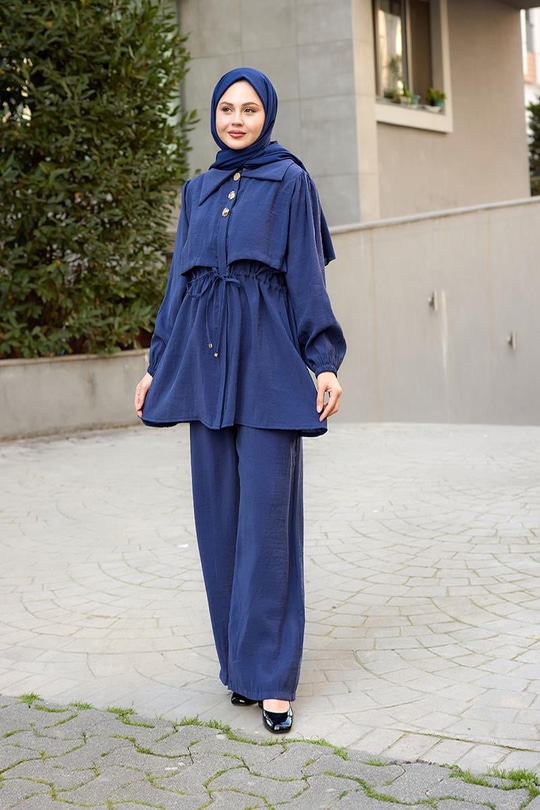 Mely Asimetrik Yakalı Alerli Takım Mavi