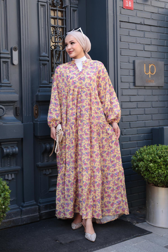 Menekşe Desen Elbise Sarı