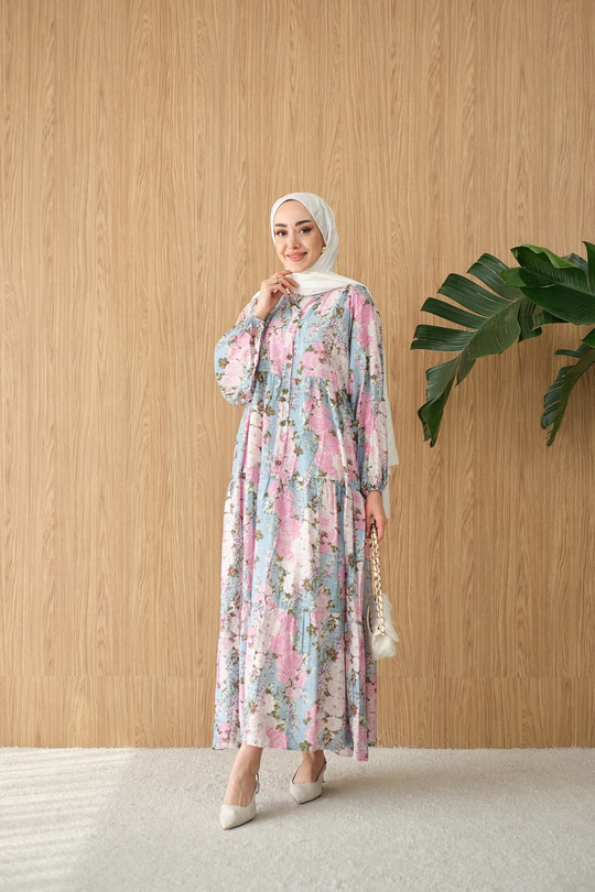 Mini Gül Desen Elbise Mavi