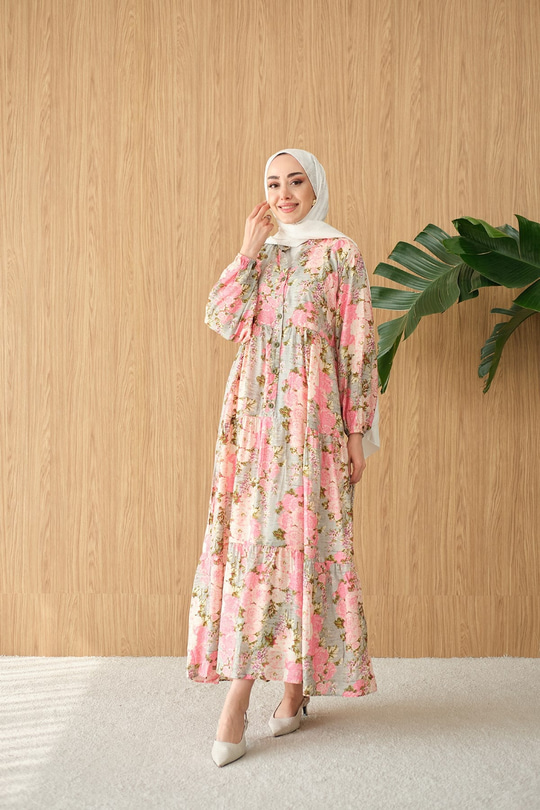 Mini Gül Desen Elbise Pembe