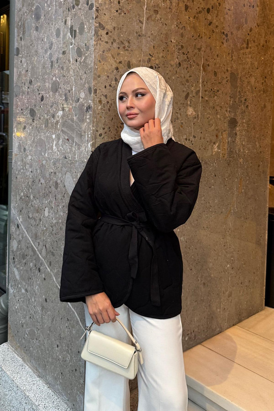 Nakış Desenli Bel Bağlamalı Ceket Siyah