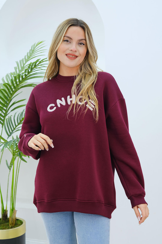 Nakış Detaylı Oversize Sweat Bordo