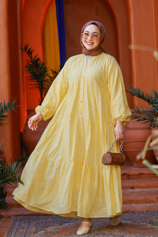 Nakış ve Nope Detaylı Astarlı Elbise Sarı