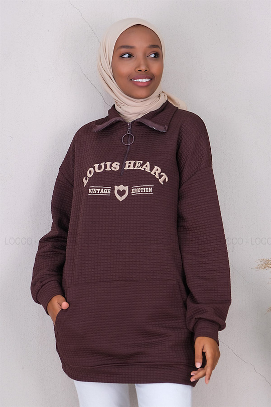 Uygun Fiyatlı NAKISLI YARIM FERMUARLI KAPITONELI TUNIK  ACI KAHVE | Loccomoda.com 