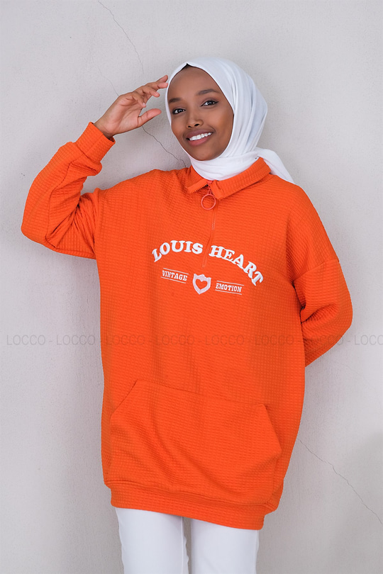 Uygun Fiyatlı NAKISLI YARIM FERMUARLI KAPITONELI TUNIK  TURUNCU | Loccomoda.com 