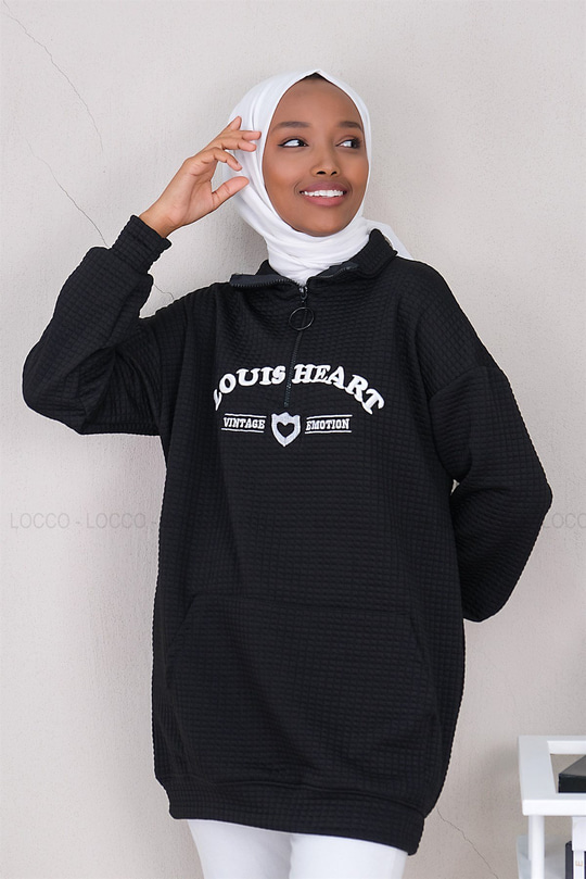 Uygun Fiyatlı NAKISLI YARIM FERMUARLI KAPITONELI TUNIK  SIYAH | Loccomoda.com 