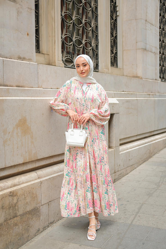 Nergis Desenli Elbise Pembe