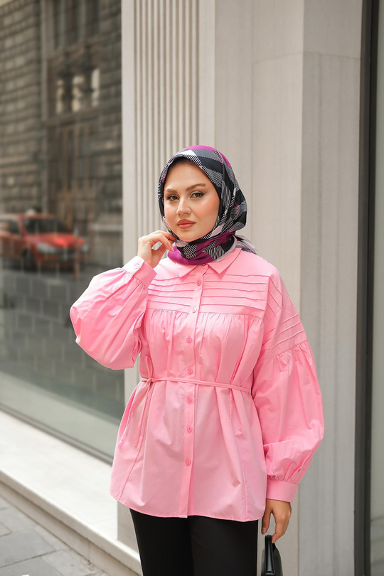 Nervur Detaylı Poplin Gömlek Pembe