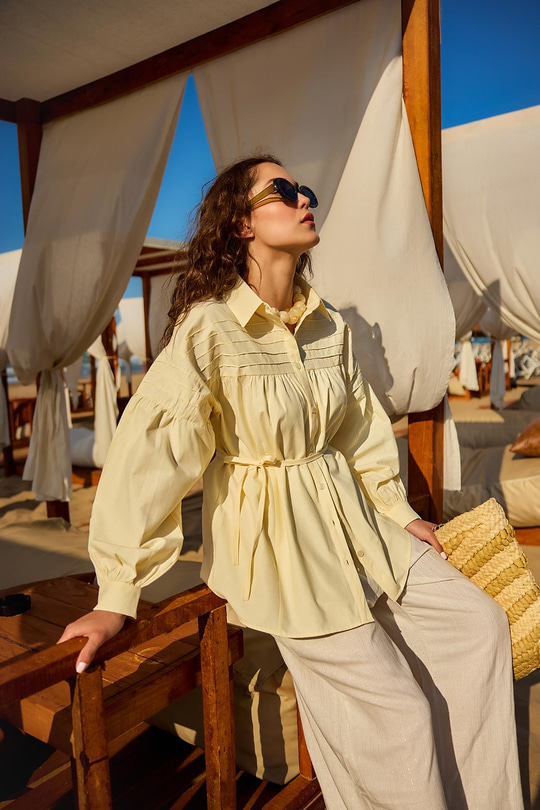 Nervur Detaylı Poplin Gömlek Sarı