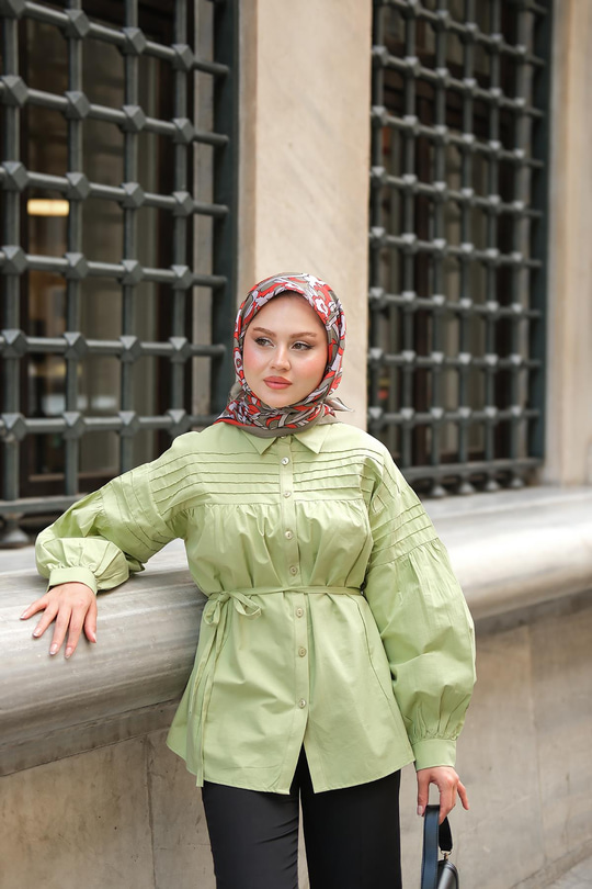 Nervur Detaylı Poplin Gömlek Yeşil