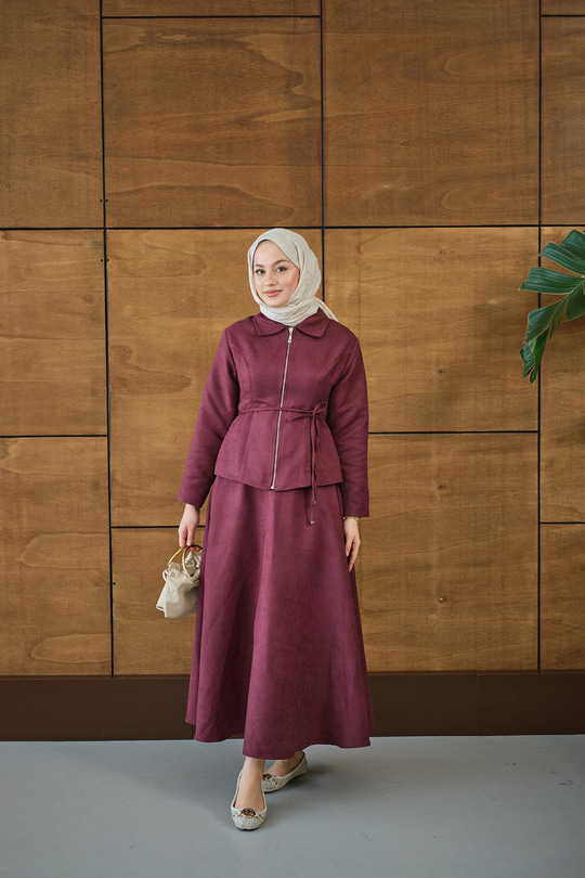 Nubuk Detay Bel Bağlamalı Takım Bordo