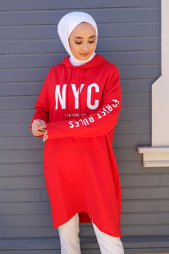 Uygun Fiyatlı NYC BASKILI KAPSONLU SWEAT KIRMIZI | Loccomoda.com 
