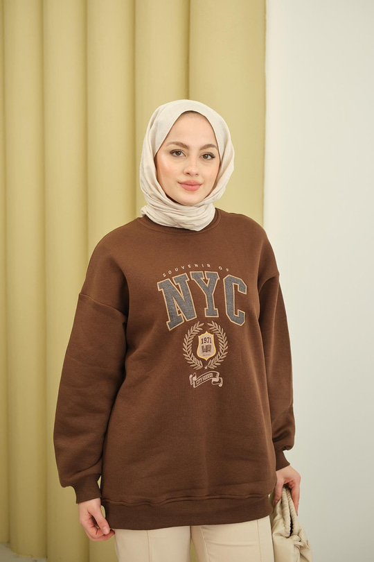 NYC Baskılı Sweat Kahverengi