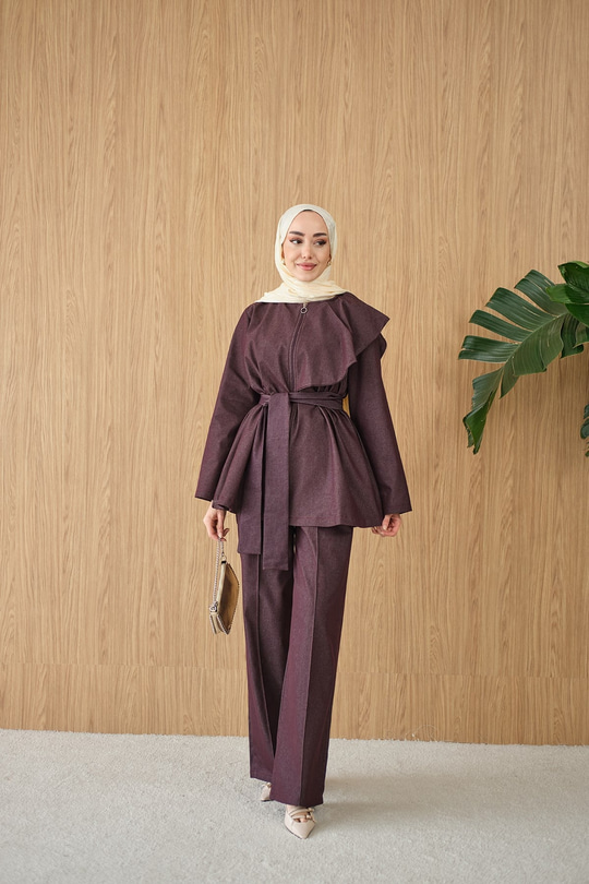 Omuz Büzgü Detaylı Fermuarlı Bel Bağlamalı Takım Bordo