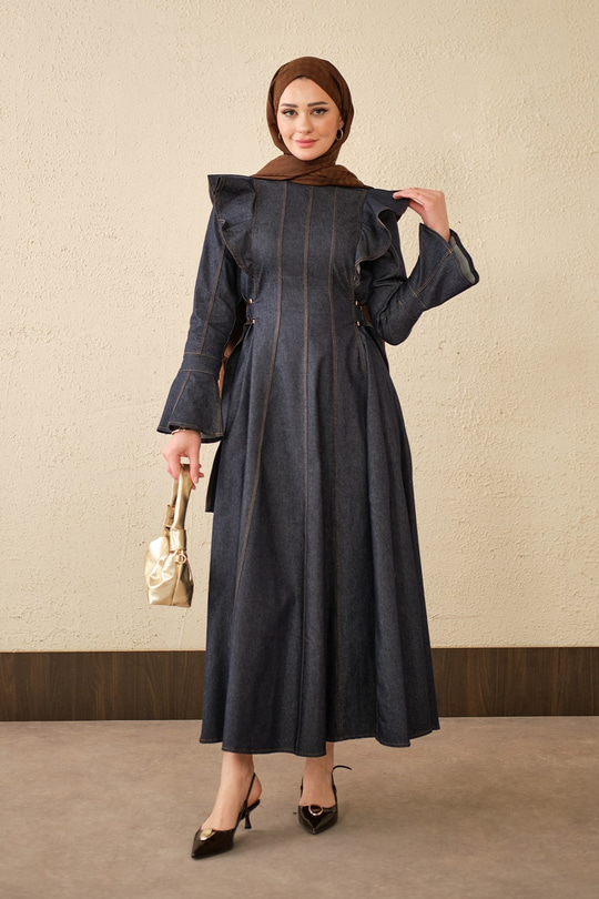 Omuz Büzgülü Dikiş Detay Bel Bağlamalı Kot Elbise Lacivert