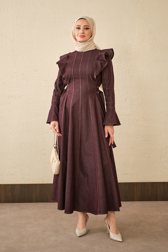 Omuz Büzgülü Dikiş Detay Bel Bağlamalı Kot Elbise Mürdüm