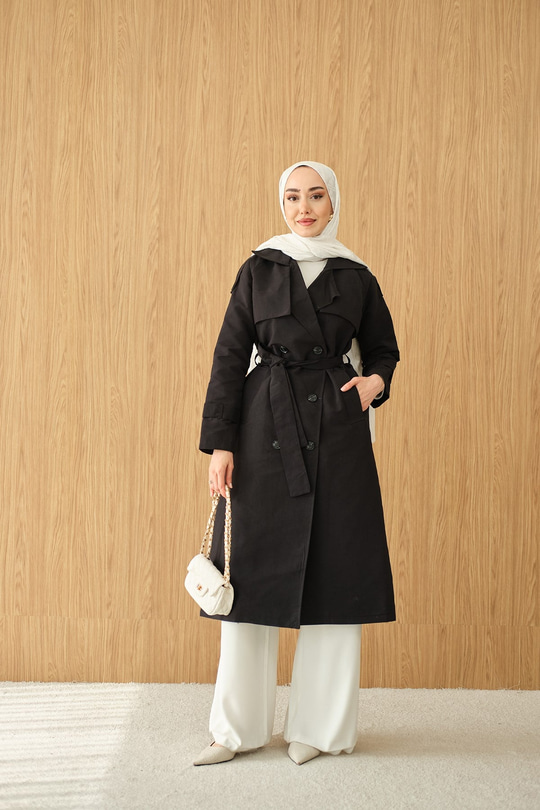 Omuz Düğme Detay Kruvaze Yaka Midi Boy Trenç Siyah