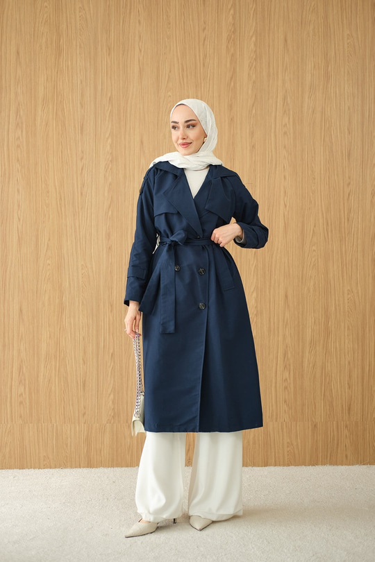 Omuz Düğme Detay Kruvaze Yaka Midi Boy Trenç Lacivert