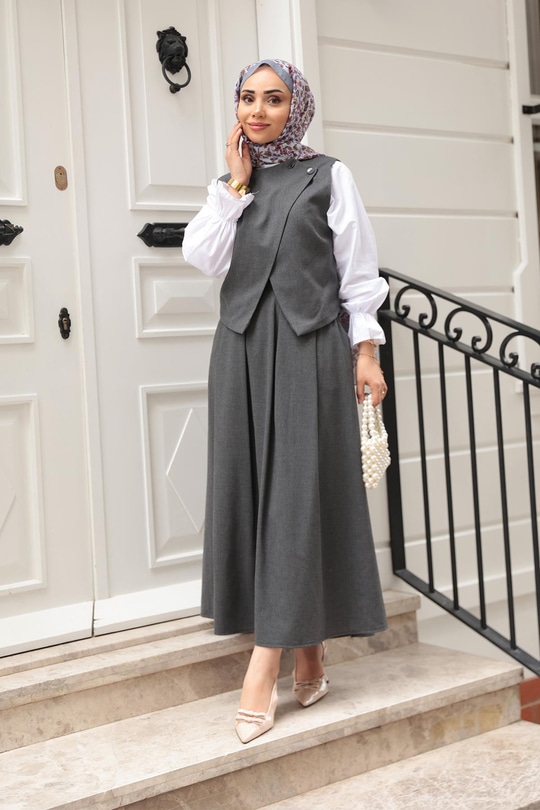 Omuz Düğme Detaylı Takım Gri